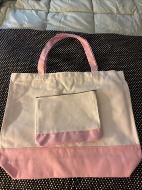 Canvas Two-Tone Pastel Pink & White Tote with Matching Pouch